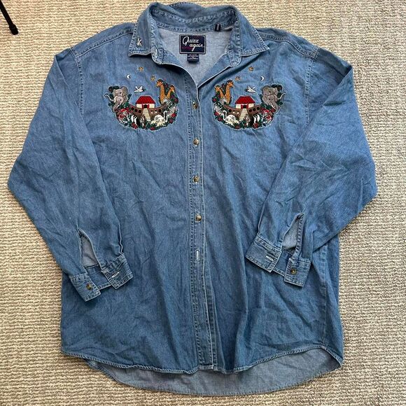 Vintage Embroidered Denim Button Up Shirt – Western Rodeo Noah’s Ark Top Cotton - Picture 4 of 8